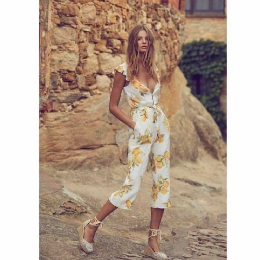 For Love And Lemons Lemon Printed Ruffle Sleeveless Jumpsuit Tie Waist Size XS